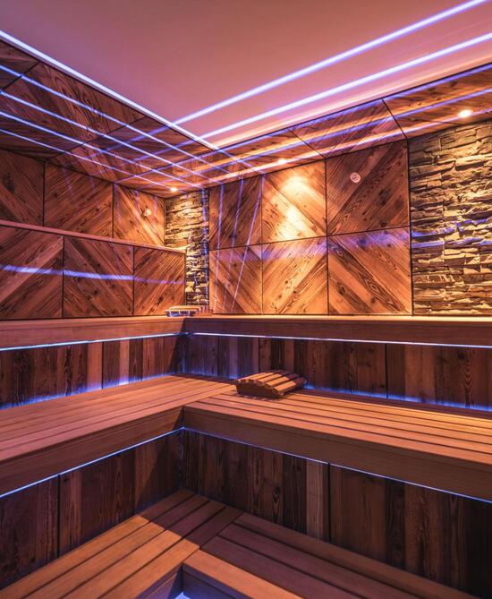 One of our saunas with atmospheric lighting.