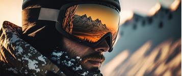 Das Dolomitenpanorama spiegelt sich in der Skibrille eines Mannes